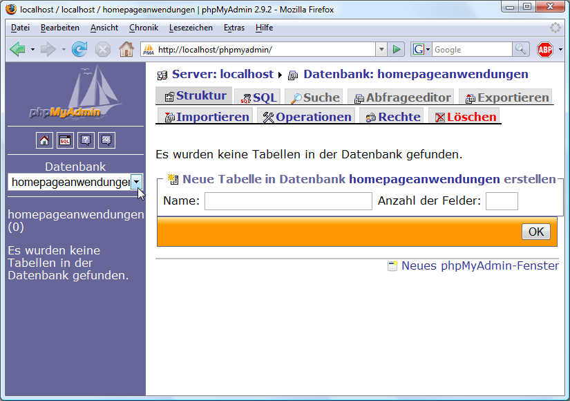 Auswahl einer bestehenden Datenbank in phpMyAdmin