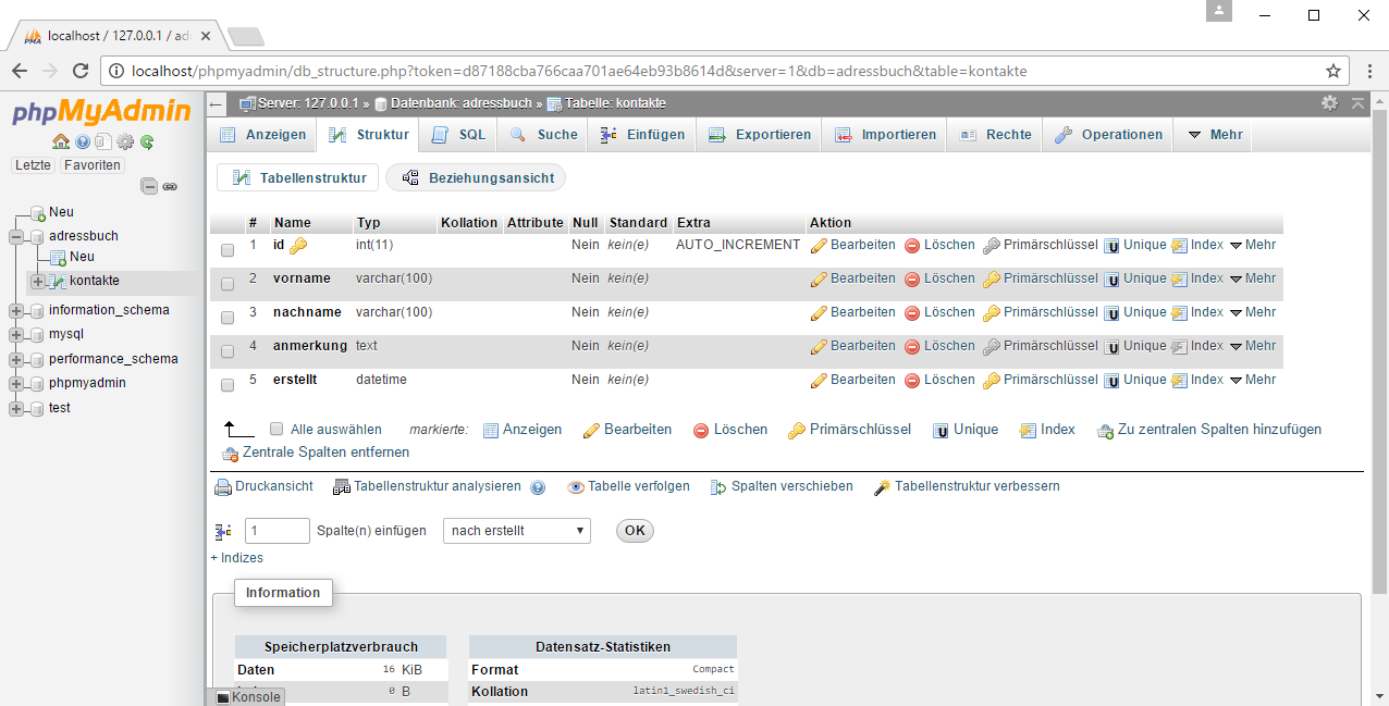 phpMyAdmin – nach Speichern im Struktur-Reiter die neu angelegte Tabelle