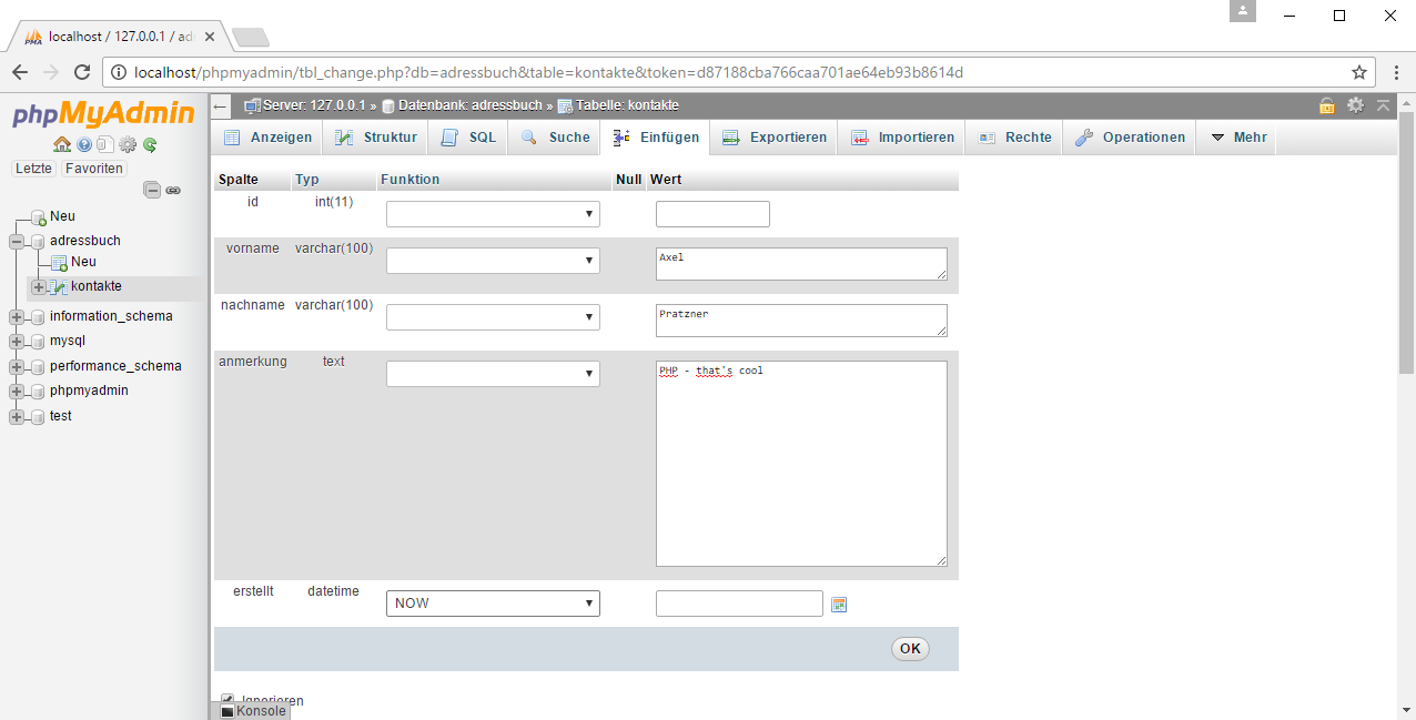 Daten in phpMyAdmin erfassen