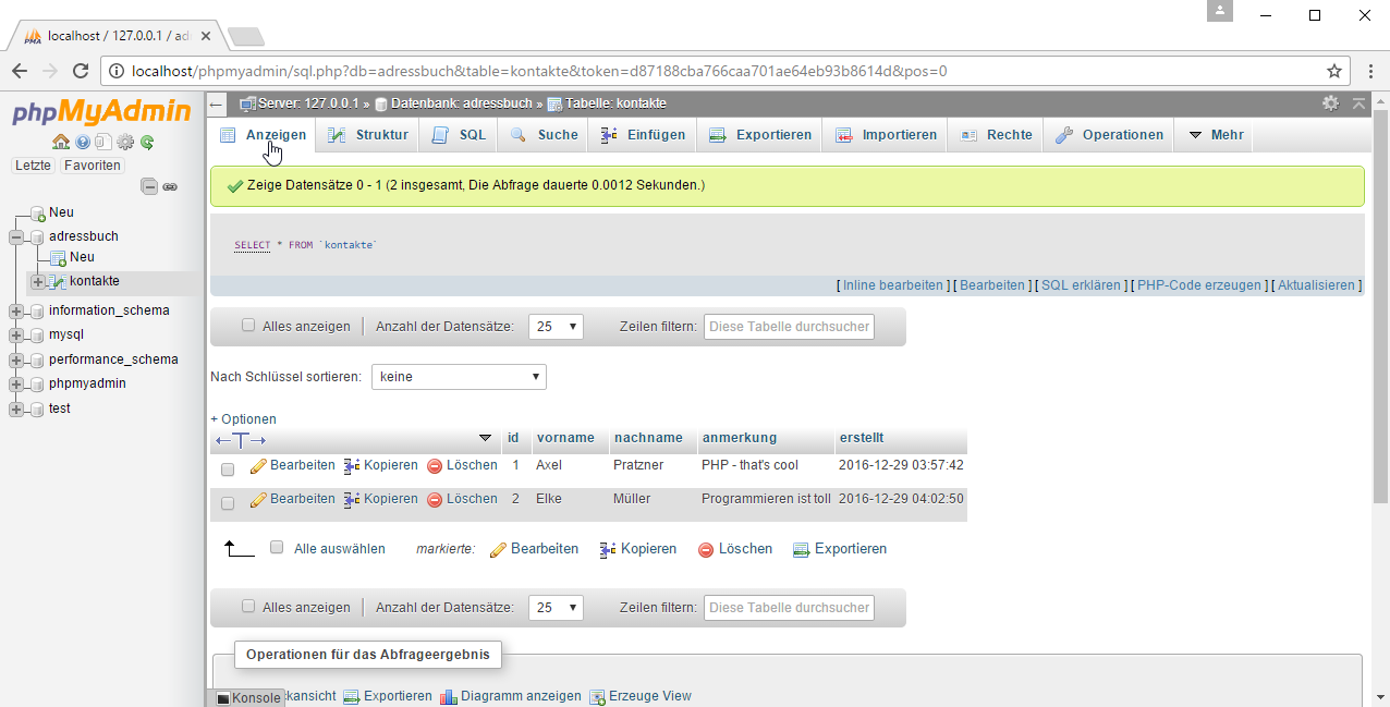 phpMyAdmin – unsere Datensätze in phpMyAdmin anzeigen