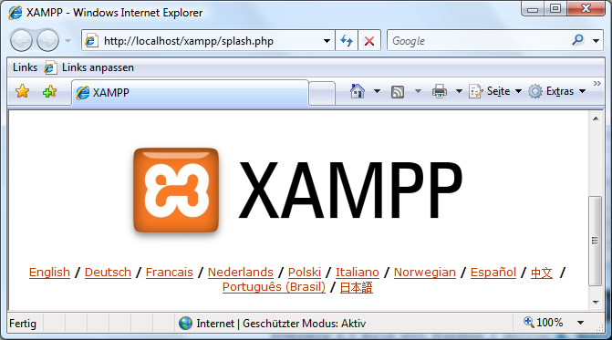 Spracheauswahl bei XAMPP