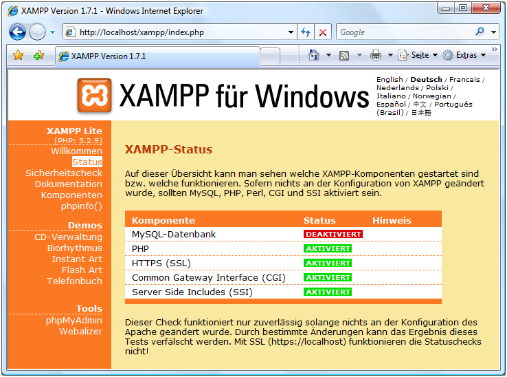 XAMPP Status kontrollieren
